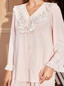 SHEIN Pale Pink Long Sleeve Women's Pajama Set, Featuring Delicate Ruffle Embroidery And Tassel Design, V-Neck Button Front, Loose Fit Homewear 2-Piece Set - Baby Pink - View 6