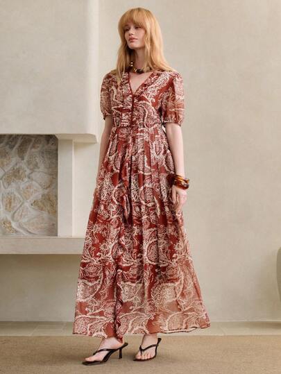 Arave Women's Summer Floral Chiffon Dress With V-Neck, Ruffled Hem, Bubble Sleeves, Perry Print, Pleated Waist, A-Line Design, Elegant Long Dress For Dates Vacation Outfits Women Elegant Dresses For Women Spring Clothing