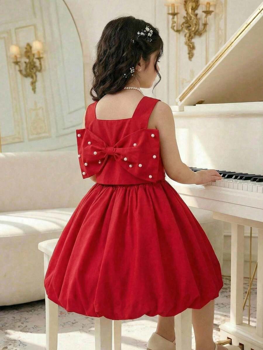 SHEIN Ensemble top et jupe pour jeunes filles élégant avec col carré, décoration de perles et nœud amovible dans le dos - Rouge - Voir 1