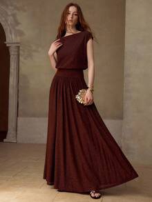 MOTF PREMIUM WOMEN'S SHINY ELASTIC KNIT TOP AND SKIRT 2 PIECES SET, SPRING/SUMMER - Coffee Brown - View 4