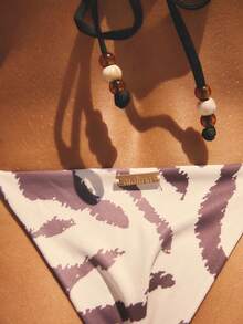 SHEIN Aralina-E 3 Piece Set Zebra Animal Print Bead Detail Bikini Summer Spring Swim Vacation Beach Triangle Slider Halter Tie Sides Sexy Three Piece Set Swim Bag - Multicolor - View 4