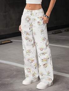 Jeanoix 女士印花口袋阔腿宽松休闲牛仔裤 - 白色 - 查看 3