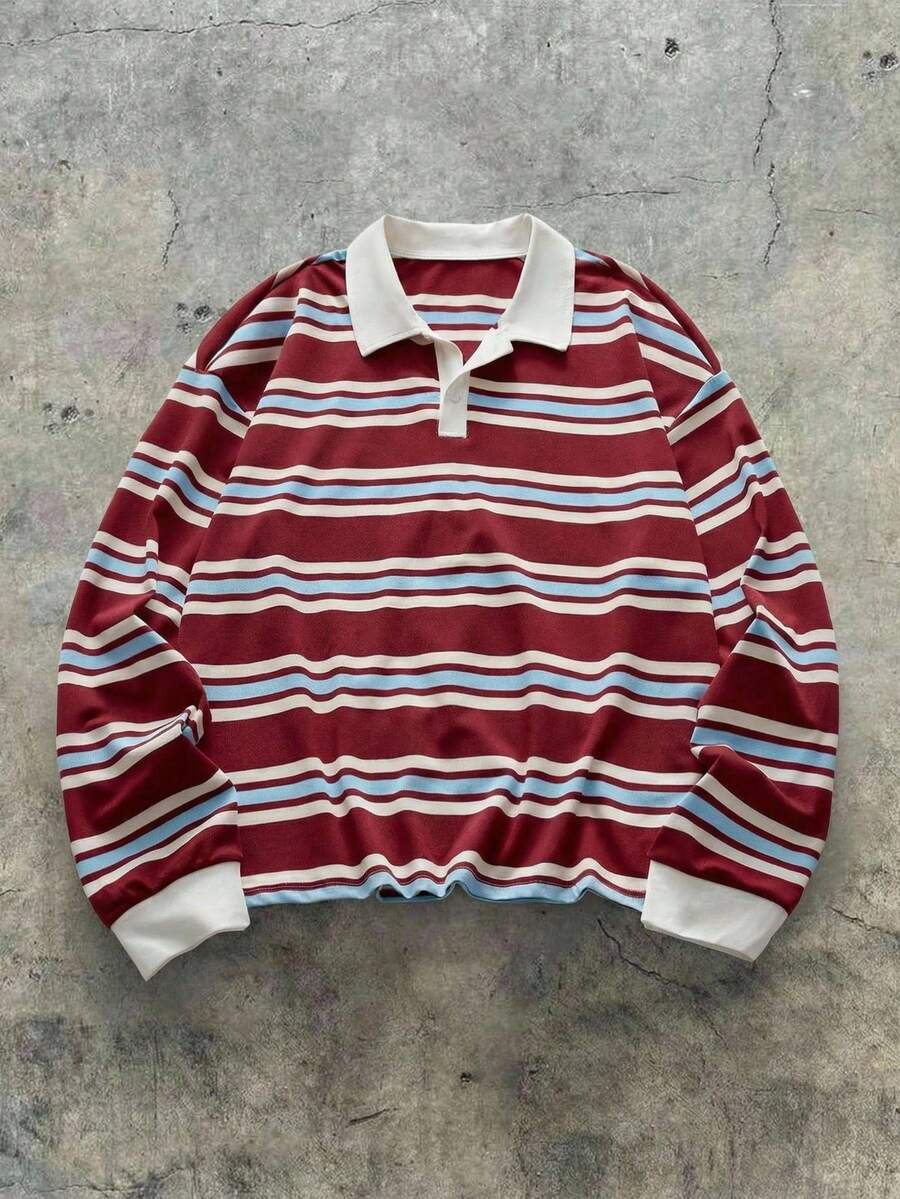 AXEPEAK Men's Striped Long Sleeve Casual Half-Placket Polo Shirt, Versatile - Multicolor - View 1