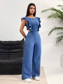 Rivivi Women's Round Neck Patchwork Ruffle Hem Fashionable Wide Leg Denim Jumpsuit - Blue - View 1
