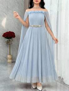 Modelyn 女士优雅派对3D立体花卉装饰露肩长裙 - 霧霾藍 - 查看 1