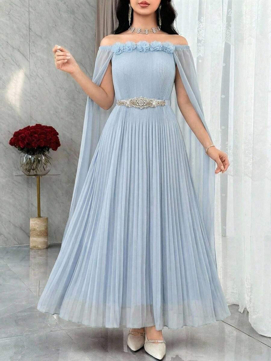 Modelyn 女士优雅派对3D立体花卉装饰露肩长裙 - 霧霾藍 - 查看 1