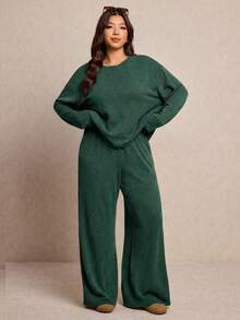 Elaquor Plus Size Women Spring/Autumn Casual Everyday Commute Solid Color Drop Shoulder Loose Long Sleeve Top And Drawstring Waist Wide Leg Pants 2 Piece Set - Green - View 6
