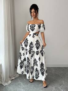 SHEIN Elenzya Đầm nữ tay ngắn dáng chữ A trễ vai xếp ly in họa tiết Paisley, thanh lịch cho mặc hàng ngày, đi nghỉ mát, đi làm, ngày Valentine, hẹn hò, phong cách đường phố Pháp, cổ điển, dự tiệc, màu mơ chủ đạo phối họa tiết đen, mẫu mới về đầu xuân/hè. - Nhiều màu - Xem 6