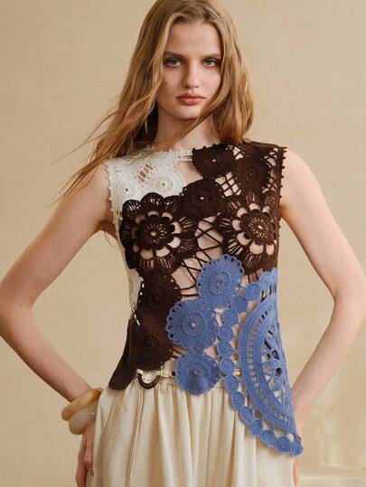 Arave Women's Acrylic Fabric Sweater, Loose Fit, Three-Color Flower Hand-Crossed Asymmetrical Hollow-Out Design, Suitable For Beach Vacations And Daily Commutes Hollow Out Floral Pattern Crew Neck Sweater Summer Outfits For Women  Vacation Outfits Women Beach Outfits For Women