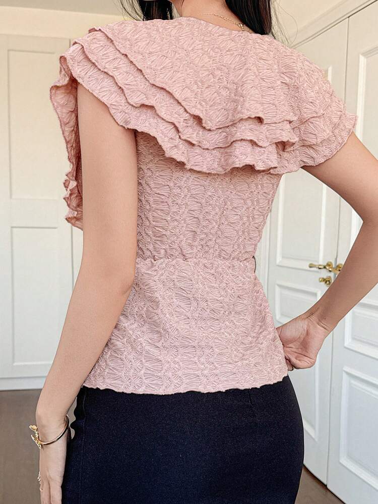 Casual Sleeveless Shirt With Ruffled Hem, Textured Fabric, A-Line Silhouette, Suitable For Spring And Summer Beach/Resort Wear, Pink