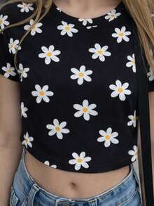 Conjunto de Playeras cortas informales con estampado de dibujos  florales para niñas preadolescentes, apropiadas para cualquier ocasión. Camiseta con cuello redondo tipo crop top. Hombliguera para preadolecentes estilo casual. - Multicolor - Ver 5