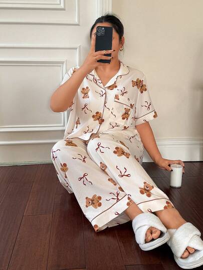 Dream Adore 加大码女式杏熊蝴蝶结印花短袖睡衣套装