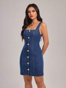 SHEIN Tall Women's Square Neck Floral Single-Breasted Sleeveless Fitted Denim Dress, Tall Women - Medium Wash - View 5