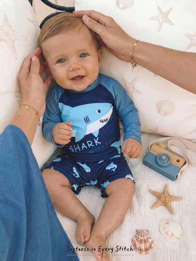 Cozy Pixies Conjunto de 2 piezas para bebé niño/niña con estampado de tiburón de punto suave, top de cuello redondo de manga larga y pantalones cortos de cintura elástica, adecuado para vacaciones de verano, playa, natación