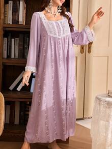 PalaceNights Palace Style Square Collar Lace Detail Soft Embroidered Long Nightgown - Mauve Purple - View 3