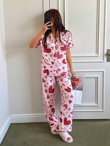 SHEIN Napfluff Bubble Printed Heart Pattern Lapel Short Sleeve & Pants Women Pajama Set, Pink - Pink - View 3