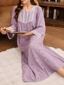 PalaceNights Palace Style Square Collar Lace Detail Soft Embroidered Long Nightgown - Mauve Purple - View 6