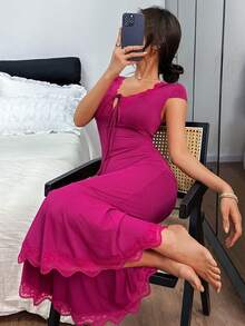 Dream Adore Lace Trim Deep V-Neck Tie Bow Design Fitted Mermaid Hem Women Nightgown - Hot Pink - View 4