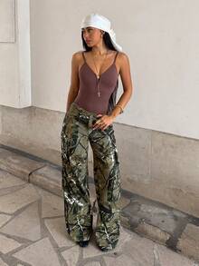 StreetHx Women's Branch Pattern Cargo Pocket Wide Leg Loose Casual Jeans - Multicolor - View 8