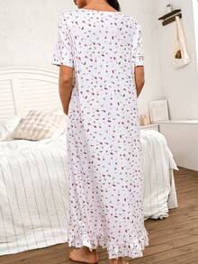 Moonlight&Mama Elegant Ditsy Floral Ribbed Fabric Lace Patchwork Short Sleeve Button Maternity Long Nightgown, Comfortable - White - View 2