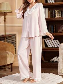 SHEIN Pale Pink Long Sleeve Women's Pajama Set, Featuring Delicate Ruffle Embroidery And Tassel Design, V-Neck Button Front, Loose Fit Homewear 2-Piece Set - Baby Pink - View 4