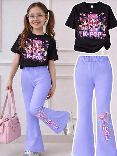 Conjunto de camiseta con estampado de dibujos animados de K-Pop para niñas y pantalones acampanados con estampado de corazón "IDOL"