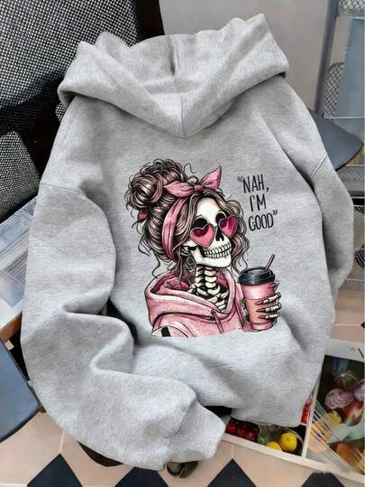 Sudadera con capucha de forro polar con estampado gráfico casual y ajuste holgado para mujer, invierno, Día de Muertos y Halloween cráneo