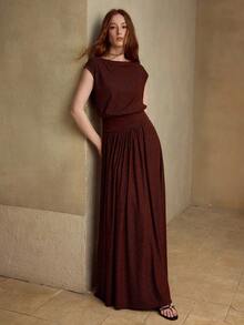 MOTF PREMIUM WOMEN'S SHINY ELASTIC KNIT TOP AND SKIRT 2 PIECES SET, SPRING/SUMMER - Coffee Brown - View 7