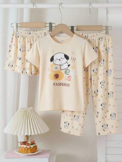 Conjunto set de pijama de 3 piezas playera camiseta manga corta pantalón shorts cómoda para niñas pequeñas con gráficos estampado de animales caricaturas completo