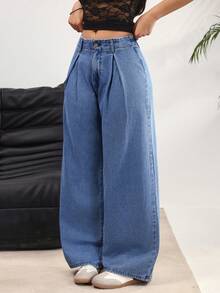Rivivi Women's Pleated Wide Leg Loose Casual Versatile Jeans - Blue - View 4