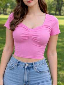 Crop Top Rosa Pastel con Fruncido al Frente y Escote Corazón - Rosa - Ver 1