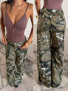 StreetHx Women's Branch Pattern Cargo Pocket Wide Leg Loose Casual Jeans - Multicolor - View 9