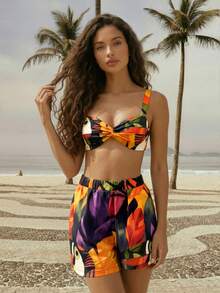 CAJUNI Women's Casual Vacation Tropical Parrot, Turtle Leaf Print 2 Pieces Set, Suitable For Vacation, Beach Outfit, Summer Two Piece Set Vacation - Multicolor - View 4