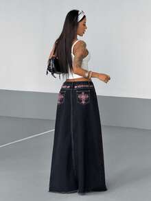 StreetHx 女士十字绣毛边休闲牛仔裙 - 黑色 - 查看 1