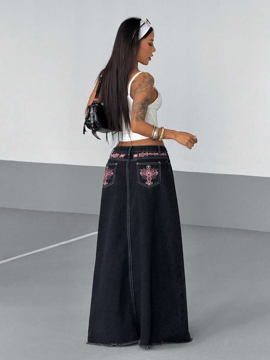 StreetHx 女士十字绣毛边休闲牛仔裙 - 黑色 - 查看 1