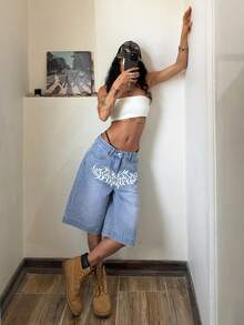 StreetHx Women's Gothic Pattern Pocket Loose Casual Bermuda Denim Shorts - Blue - View 5