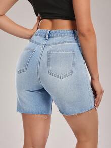 SHEIN Tall Shorts vaqueros de cintura alta con bolsillos y dobladillo deshilachado para mujer, para mujeres altas - Azul - Ver 2
