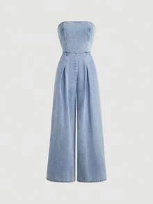 SHEIN MOD 大码女式褶皱设计无肩带阔腿牛仔连体裤 - 藍色 - 查看 1