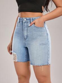 SHEIN Tall Shorts vaqueros de cintura alta con bolsillos y dobladillo deshilachado para mujer, para mujeres altas - Azul - Ver 7