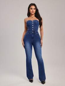 SHEIN Tall Women's Button Front Pocket Jumpsuit, Fashion Strapless Flared Denim Pants - Blue - View 4