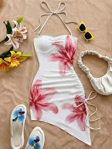 Soleia 女士浪漫印花不对称下摆露背系带修身连衣裙，适合海滩、西部风情、节日、夏季穿着，波西米亚风 - 紅色 - 查看 5