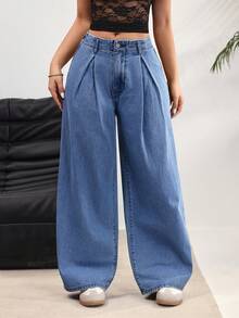 Rivivi Women's Pleated Wide Leg Loose Casual Versatile Jeans - Blue - View 3