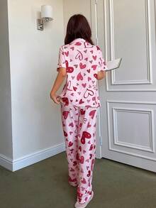 SHEIN Napfluff Bubble Printed Heart Pattern Lapel Short Sleeve & Pants Women Pajama Set, Pink - Pink - View 2