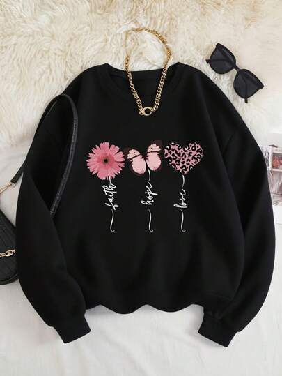 KID004 Sudadera de cuello redondo para niño,Cómodo y casual,Suave y ligero Camiseta negra con diseños atractivos: flor, mariposa y corazón con estampado, ideales para el estilo casual y la expresión personal