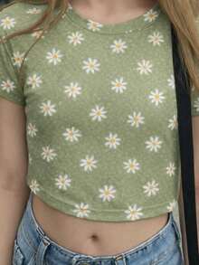 Conjunto de Playeras cortas informales con estampado de dibujos  florales para niñas preadolescentes, apropiadas para cualquier ocasión. Camiseta con cuello redondo tipo crop top. Hombliguera para preadolecentes estilo casual. - Multicolor - Ver 3