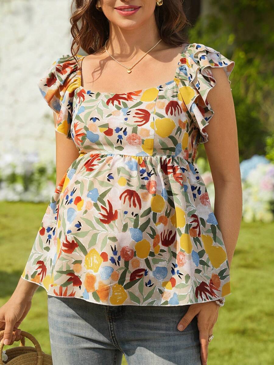 SHEIN 孕妇热带植物印花荷叶边袖衬衫 - 彩色 - 查看 1