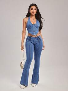 SHEIN Tall Women's Zip-Up Collar Cropped Denim Tank Top - Blue - View 6