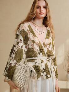 Arave 女士宽松镂空针织纹理开衫，仿羊绒质感，休闲短款 - 軍綠色 - 查看 7