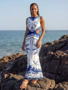 CAJUNI Women's Summer Vacation Floral Print Hollow Out Sleeveless Dress, Beach Outfit For Women Dress - Blue - View 4