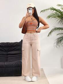 Rivivi Women's Loose Fit Wide Leg Casual Versatile Cargo Jeans - Khaki - View 6